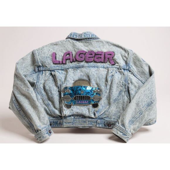Vintage 80s LA Gear Original Denim Jean Jacket Embellished Crop Light Wash Small - Picture 1 of 2